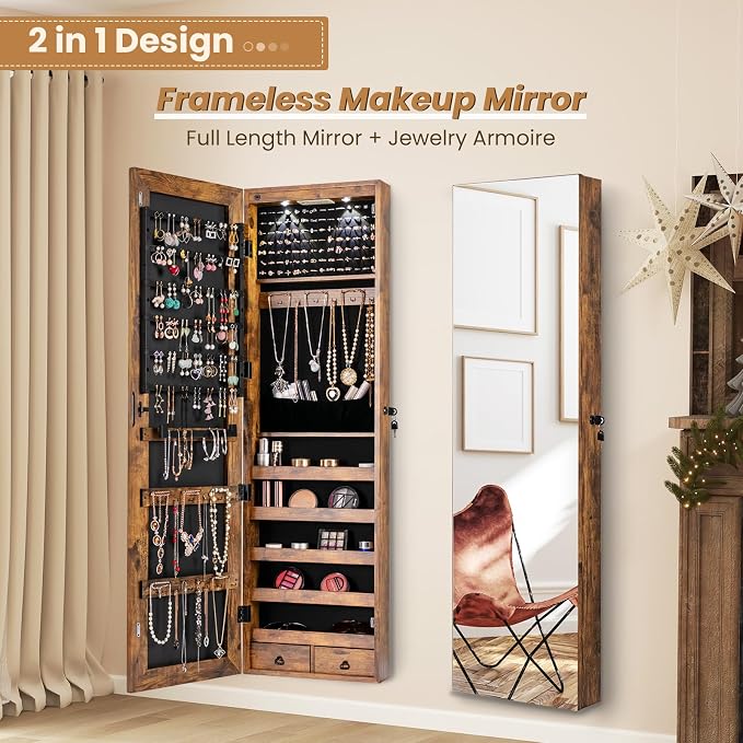 Jewelry Armoire Wall or Door Mounted, Full-Length Mirror with Storage, Lockable Mirror Jewelry Cabinet w/ 2 Drawers, LED Lights, Over the Door Jewelry Organizer Box for Women Girls