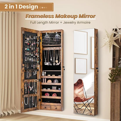 Jewelry Armoire Wall or Door Mounted, Full-Length Mirror with Storage, Lockable Mirror Jewelry Cabinet w/ 2 Drawers, LED Lights, Over the Door Jewelry Organizer Box for Women Girls