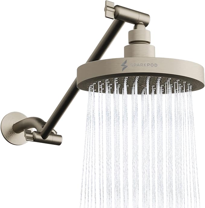SparkPod 6" Round Rain Shower Head with 11" Shower Arm | Shower Head & Extension Arm Combo, Height Adjustable, High Pressure Performance, Easy 1-Minute Installation, Brushed Nickel
