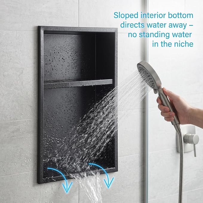 304 Stainless Steel Shower Niche 12” x 18” for Bathroom Storage | Matte Black Recessed Shower Niche No Tile Needed with 2-Tier Shelves for Bathroom Space Saving