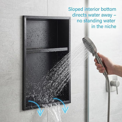 304 Stainless Steel Shower Niche 12” x 18” for Bathroom Storage | Matte Black Recessed Shower Niche No Tile Needed with 2-Tier Shelves for Bathroom Space Saving