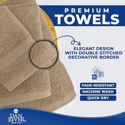 DAN RIVER 8 Piece Luxury Bath Towels for Bathroom, Towel Set, Tan | 2 Bath towels, 2 Hand towels, and 4 Wash Cloths, 600 GSM 100% Ring Spun Cotton, Highly Absorbent, Gym, Hotel, guest, and Spa
