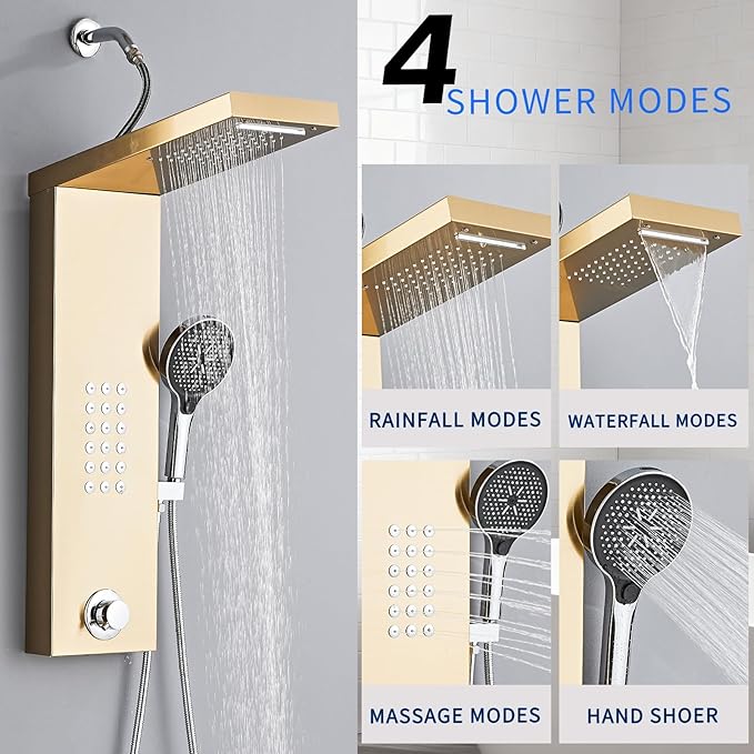 Shower Panel Tower System,Rain Shower Head Rainfall Waterfall Shower,Handheld High Pressure Rain Massage System(Gold)