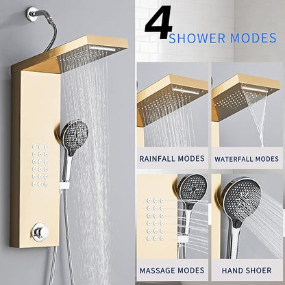 Shower Panel Tower System,Rain Shower Head Rainfall Waterfall Shower,Handheld High Pressure Rain Massage System(Gold)