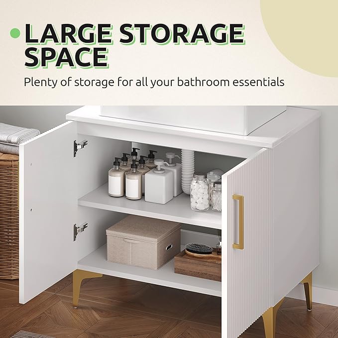 YITAHOME 30 Inch Bathroom Vanity with Vacuum Forming, Freestanding Storage Cabinet Vanity with Counter Top Sink Combo, 2 Large Soft Closing Doors with Shelf, Gold Handles & Legs, White