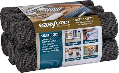 EasyLiner Select Grip Shelf Liner - Easy to Install & Cut to Fit - Non Slip, Non Adhesive, Drawer Shelf & Cabinet Liner for Kitchen, Bathroom, Pantry Cupboards - 12in. x 10ft. - Black - 6 Rolls