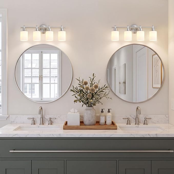 4 Light Bathroom Vanity Light Fixture Over Mirror, Brushed Nickel, 23'' | Vanity Lights for Bathroom, Bedroom, Living Room, White Frosted Glass Shades, Modern, E26(Bulbs Not Included)
