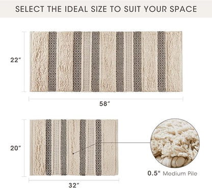 INK+IVY Asher Non-Slip Bath Rug Absorbent Quick Dry, 22 x 58, Black | Soft Pile, Machine Washable, Striped Pattern, Boho, OEKO-TEX Certified, Hand-Woven Texture, for Bathroom, Shower Room