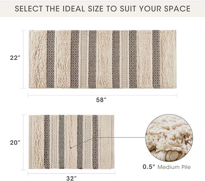 INK+IVY Asher Non-Slip Bath Rug Absorbent Quick Dry, 20 x 32, Black | Soft Pile, Machine Washable, Striped Pattern, Boho, OEKO-TEX Certified, Hand-Woven Texture, for Bathroom, Shower Room