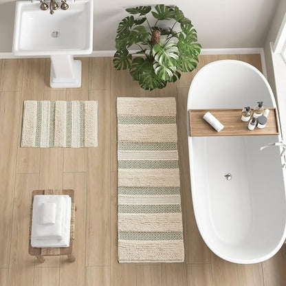 Ink+Ivy Asher Non-Slip Bath Rug Absorbent Quick Dry, 22 x 58, Sage Green | Soft Pile, Machine Washable, Striped Pattern, Boho, OEKO-TEX Certified, Hand-Woven Texture, for Bathroom, Shower Room