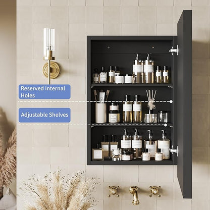 Retro-Style Medicine Cabinet with 17’’x27’’ Solid Wood Mirror Frame, Bathroom Recessed Wall Cabinet, Living Room Wood Storage Cabinet, Black