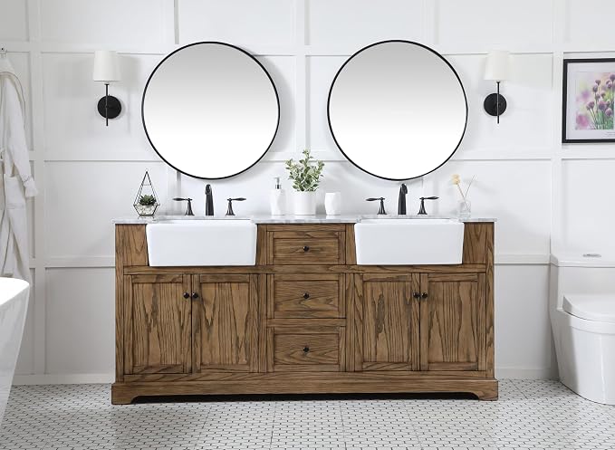 72" Pre-Assembled Bathroom Vanity with Sink, Solid Birch and MDF, Carrara White Marble Countertop Attached, Double Rectangle Porcelain Sink, 3 Soft-Close Drawers, Driftwood