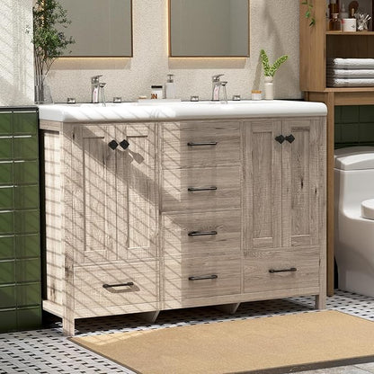 48 Inch Bathroom Vanity with Sink, Bathroom Vanity Cabinet with Double Sink, Bath Vanities with 4 Doors and 5 Drawers, Grey Oak (20" D x 48" W x 36" H)