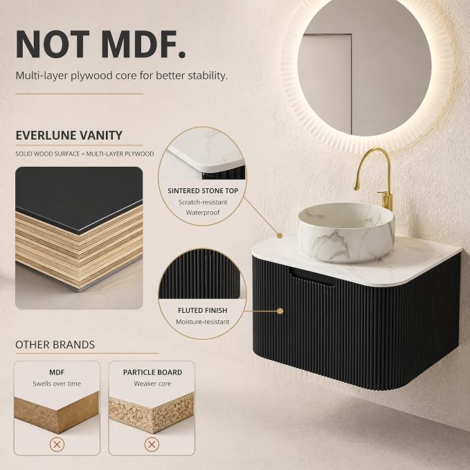 24 Inch Bathroom Vanity with Sink, Floating Wall Mounted Single Sink Vanity for Small Baths, Black Curved Fluted Front, Stone Top, Marble-Look Round Vessel Basin, Pre-Assembled