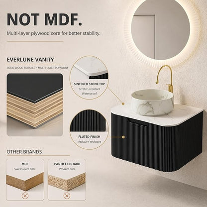 24 Inch Bathroom Vanity with Sink, Floating Wall Mounted Single Sink Vanity for Small Baths, Black Curved Fluted Front, Stone Top, Marble-Look Round Vessel Basin, Pre-Assembled