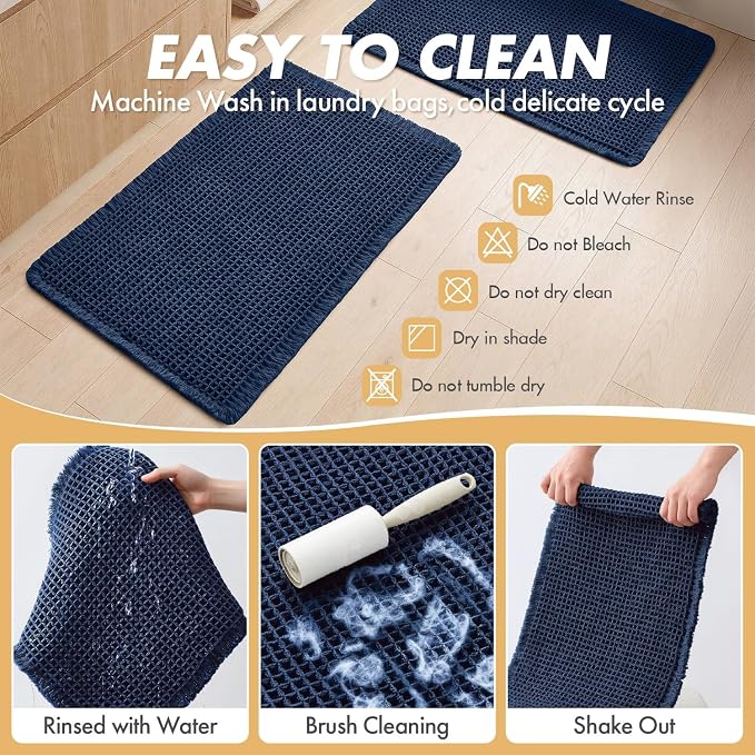 MIULEE Set of 2 Waffle Bathroom Rugs Boho Bath Mat Navy Blue 18x30 Inch | Non Slip, Super Absorbent, Washable, Ultra Soft, Rubber Backed Bath Rugs for Bathroom Floor Tub Shower