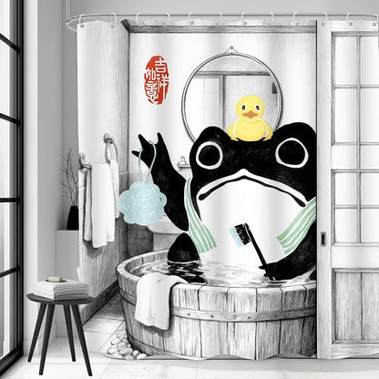 Funny Frog Traditional Asian Japanese Rubber Bathroom Shower Curtain Set | 71Wx71H Duck Wooden waterproof HD print, quick-dry fabric, and 12 hooks for easy setup
