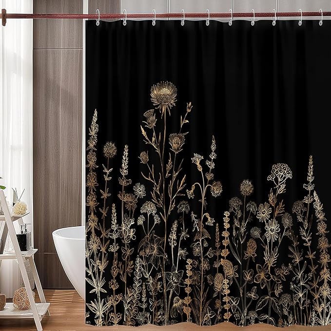 Vintage Black and Gold Boho Shower Curtain, Black and Tan Cream Floral Aesthetic Dark Wildflower Botanical Flowers Shower Curtain for Bathroom with Hook,Farmhouse Plant Art Chic Shower Curtain 60X72