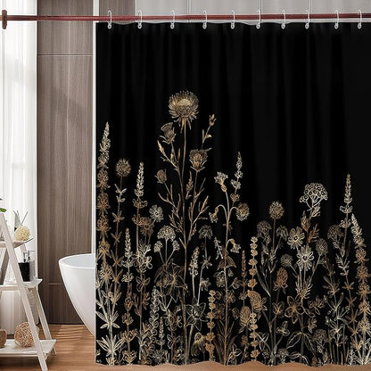 Vintage Black and Gold Boho Shower Curtain, Black and Tan Cream Floral Aesthetic Dark Wildflower Botanical Flowers Shower Curtain for Bathroom with Hook,Farmhouse Plant Art Chic Shower Curtain 60X72
