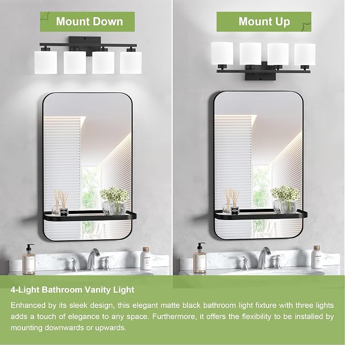 Honesorn 4-Light Vanity Lights, Matte Black Bathroom Light Fixtures | Black Bathroom Vanity Light, Wall Sconces with Milky White Frosted Shades Bedroom,E26 Socket(Bulbs Not Included)