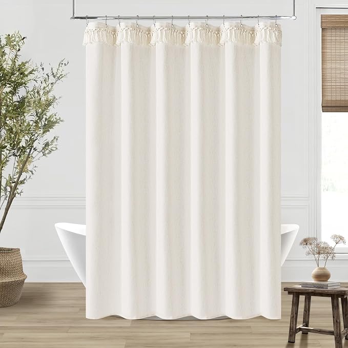 Cream Shower Curtain with Top Tassels Water Repellent 72x96 Inch | Extra Tall, Natural Ivory, Linen Shower Curtains 96 Inch Long, Farmhouse Rustic Country Elegant, Bathroom Cloth Fabric Drapes