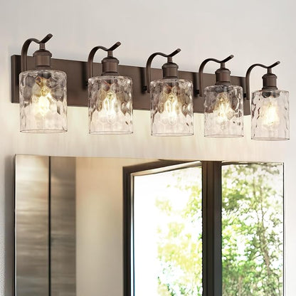 5-Light Bathroom Vanity Light,Hammered Glass,Oil Rubbed Bronze | 34.2 Inch Over Mirror Wall Light,E26 sockets,for bathroom mirror,powder room,dressing area