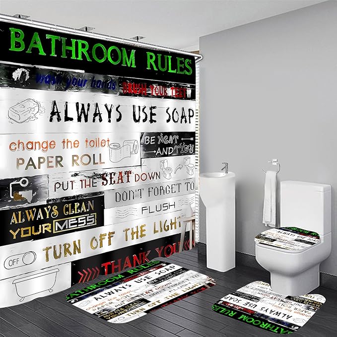 AZHM Letter Plank Pattern Shower Curtain Set for Bathroom 4 Pcs Black Bathroom Accessory Decor Sets with Shower Curtain and Rugs