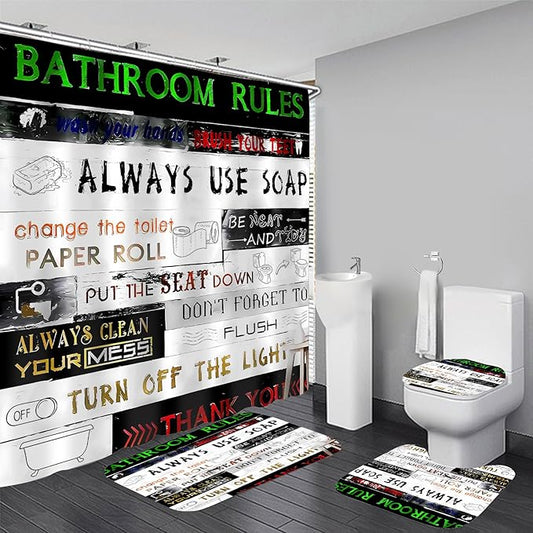 AZHM Letter Plank Pattern Shower Curtain Set for Bathroom 4 Pcs Black Bathroom Accessory Decor Sets with Shower Curtain and Rugs