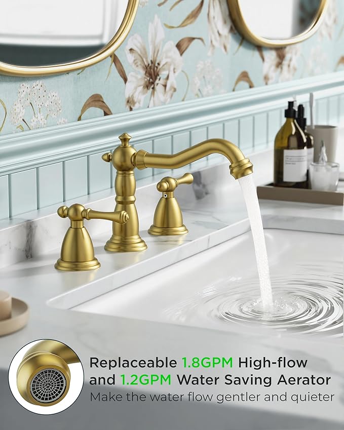 FORIOUS Brushed Gold Bathroom Sink Faucets 3 Hole, 2 Handle Widespread Gold Faucet for Bathroom Sink with Pop-Up Drain and Water Supplies for Commercial Vanity Lavatory Restroom Farmhouse