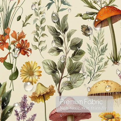 Retro Mushroom Floral Shower Curtain for Bathroom, Boho Botanical Witchy Bathroom Curtains Set Farmhouse Wildflower Aesthetics Shower Curtain with Hooks, 60W X 72L Inches