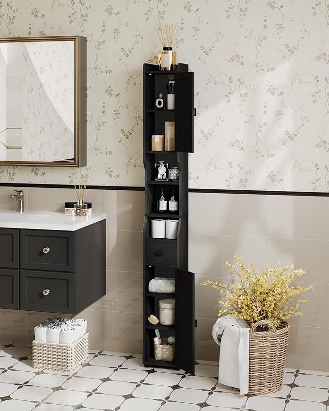 Bathroom Storage Cabinet, Narrow Tall Bathroom Cabinet, Freestanding Floor Cabinets with 2 Doors and 1 Drawer, Toilets Organizer with Adjustable Shelf, 1 Hook for Small Spaces, Black