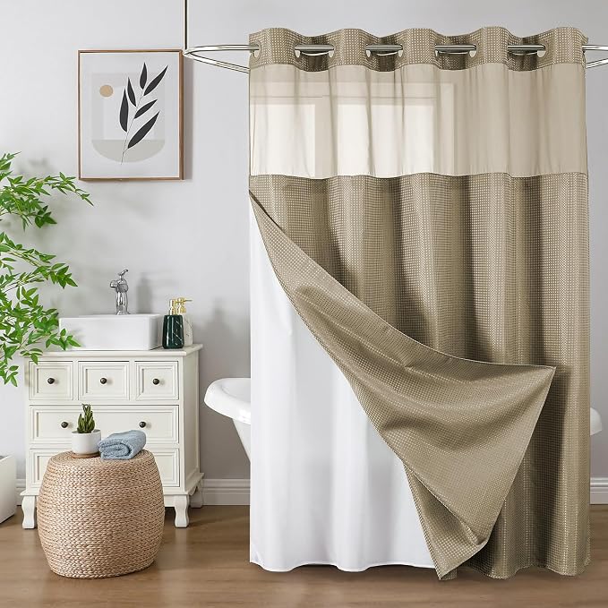 Colorful Star Beige No Hook Waffle Shower Curtain Set, 72" W x 75" L | Snap-In Fabric Liner, Mesh Top Window, Heavy-Duty Waffle Fabric, Waterproof Hotel Style Shower Curtain for Bathroom