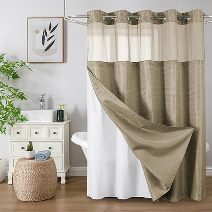 Colorful Star Beige No Hook Waffle Shower Curtain Set, 72" W x 75" L | Snap-In Fabric Liner, Mesh Top Window, Heavy-Duty Waffle Fabric, Waterproof Hotel Style Shower Curtain for Bathroom