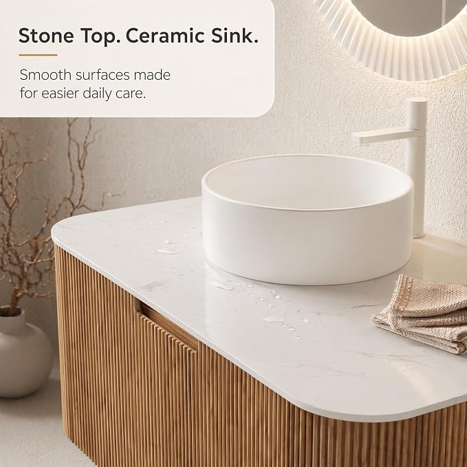 36 Inch Bathroom Vanity with Sink, Floating Wall Mounted Single Sink Vanity, Natural Woodgrain Curved Fluted Front, Stone Top, Pure White Round Vessel Basin, Pre-Assembled