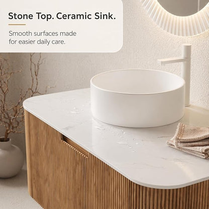 36 Inch Bathroom Vanity with Sink, Floating Wall Mounted Single Sink Vanity, Natural Woodgrain Curved Fluted Front, Stone Top, Pure White Round Vessel Basin, Pre-Assembled
