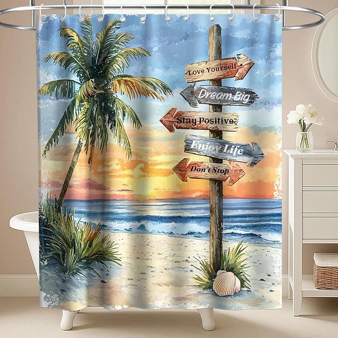 Beach Ocean Shower Curtain, Coastal Nautical Luxury Palm Tree Summer Shower Curtains for Bathroom, Waterproof Bath Curtain with Hooks Machine Washable Bathtub Curtains 72x72 Inch Colorful