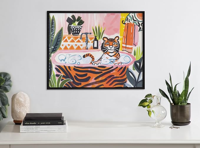 Kate and Laurel Bold Maximalist Tiger in Bubble Bath Framed Wall Art by The Creative Bunch Studio, 20x16 Black, Cute Animal Bathroom Art for Wall