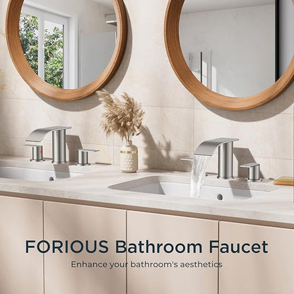 FORIOUS Upgrade Bathroom Faucets 3 Hole Brushed Nickel, Waterfall 8 Inch Widespread Bathroom Sink Faucet with Pop-up Drain and Supply Lines, Two Handles for Vanity, Farmhouse, School Restroom Sink