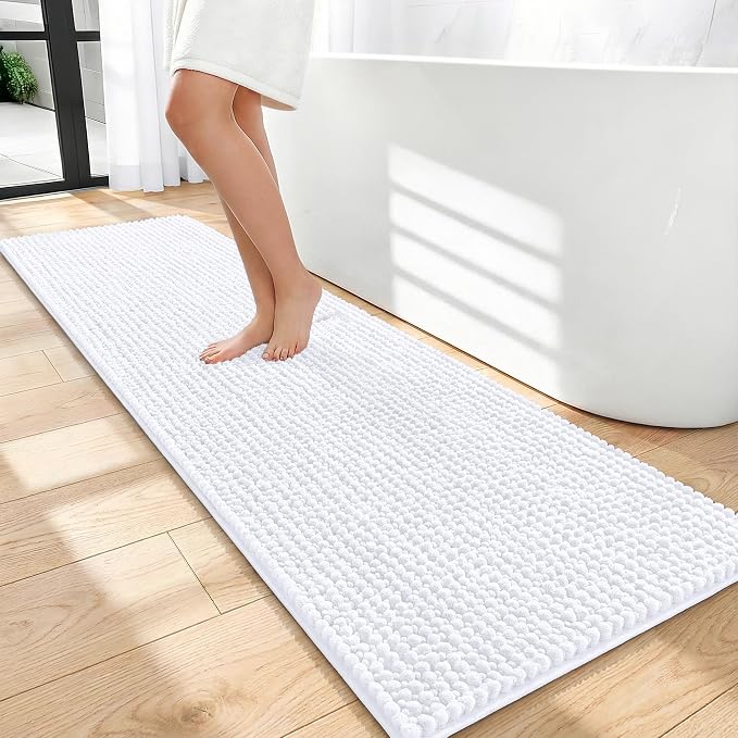 OLANLY Thick Chenille Bathroom Runner Rugs 59x20, Absorbent Bath Mat, White | Soft Bath Rugs, Rubber Backing, Machine Wash Dry, Bath Mats for Bathroom, Tub and Shower, Home Decor Accessories