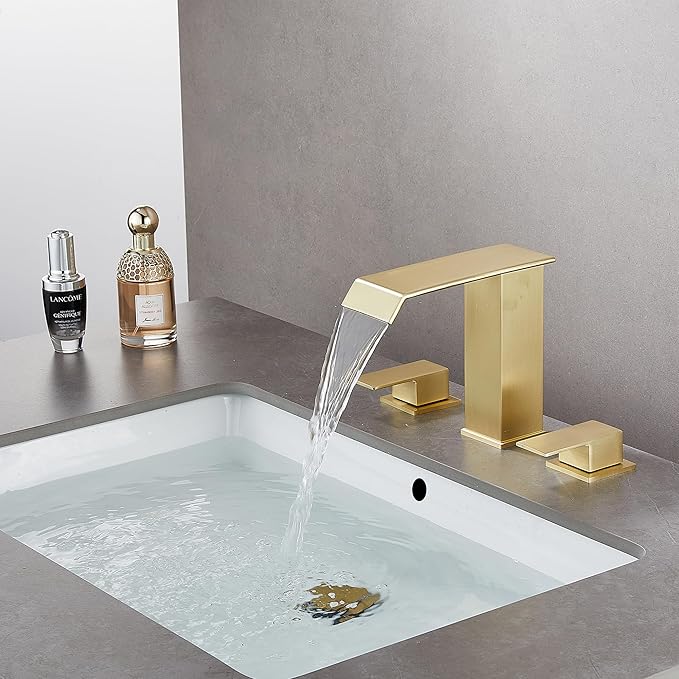 Bathroom Faucet 8 inch 3 Hole 2 Handle Widespread Bathroom Sink Faucet Brushed Gold Waterfall with Pop Up Drain Stopper Water Supply Hoses Modern Vanity Lavatory Basin Brass Commercial