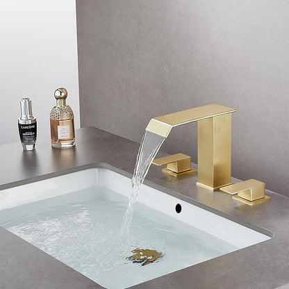 Bathroom Faucet 8 inch 3 Hole 2 Handle Widespread Bathroom Sink Faucet Brushed Gold Waterfall with Pop Up Drain Stopper Water Supply Hoses Modern Vanity Lavatory Basin Brass Commercial