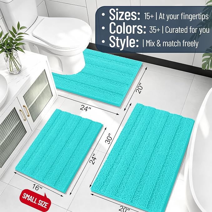 Smiry Thick Small Chenille Bathroom Rugs 24x16, Absorbent Bath Mat, Teal | Quick‑Dry & Machine Washable, Non‑Slip Bath Carpet, Soft Striped Bath Rugs for Tub & Shower, Modern Home Decor Accessories