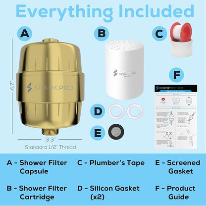 SparkPod 23-Stage Shower Head Filter for Showerheads, Egyptian Gold | Removes Chlorine & Heavy Metals, Helps Improve Hard Water, with Activated Carbon and KDF-55 Layers, High Output