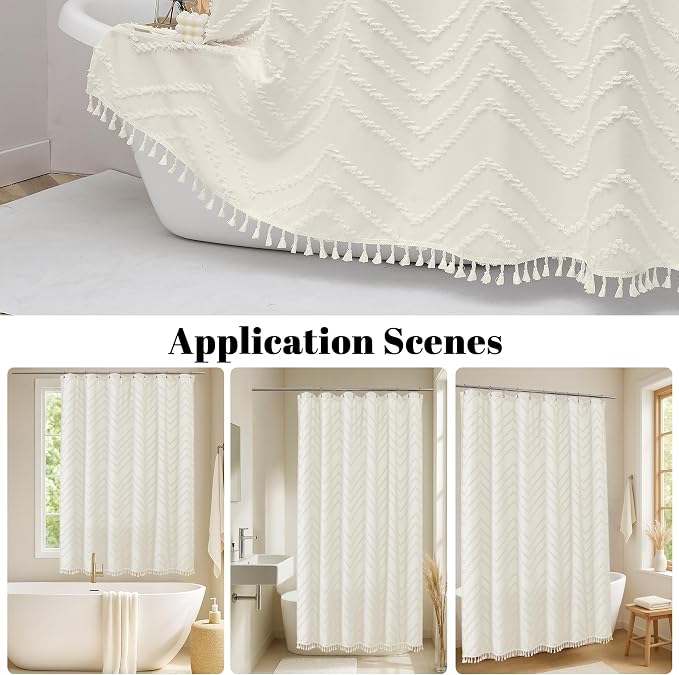 Beige Fabric Shower Curtain, Boho Shower Curtains for Bathroom Chic Tufted Chevron Striped Textured with Tassel, Soft Hotel Style Farmhouse, Machine Washable, 72x78, Beige