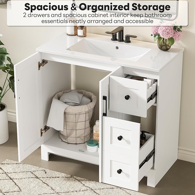 LIKIMIO 36" Bathroom Vanity with Sink, 2 Soft-Close Drawers & Doors, White | Freestanding Bathroom Vanity, Integrated Rectangular Ceramic Sink, Modern Bathroom Storage Cabinet, Assembly Required