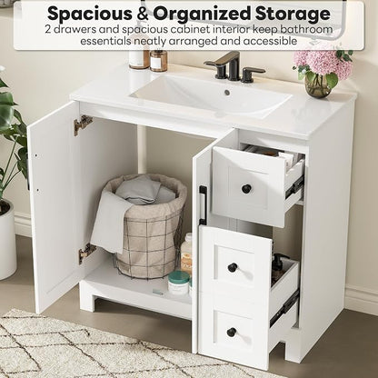 LIKIMIO 36" Bathroom Vanity with Sink, 2 Soft-Close Drawers & Doors, White | Freestanding Bathroom Vanity, Integrated Rectangular Ceramic Sink, Modern Bathroom Storage Cabinet, Assembly Required