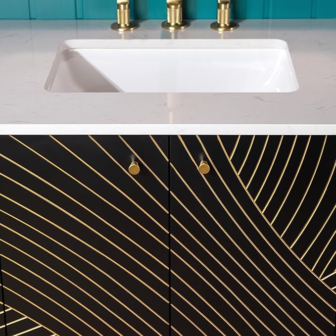 Woodbridge 36"x22" Bathroom Vanity with Single Ceramic Undermount Sink, White Engineered Stone Top, Hand-Painted Black & Gold Accents, Sleek Thin-Leg Frame, Space-Saving for Modern Living