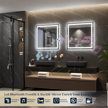 Keonjinn 30 x 30 Inch Lighted Mirrors for Bathroom Wall, Bluetooth Speaker | Frontlit & Backlit LED Mirror for Bathroom, HD Tempered Glass, 3000K/4500K/6000K, Dimmable, Fast & Safe Defogging, CRI90+