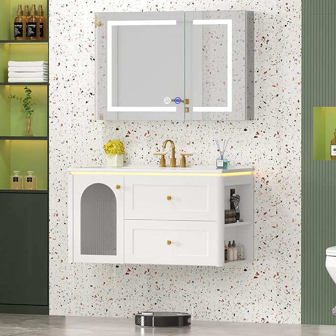 36 inch Floating Bathroom Vanity with Sink, Soft-Close Storage Cabinet and 2 Drawers, Wall-Mounted Modern LED Bathroom Cabinet with Ceramic Integrated Sink, White