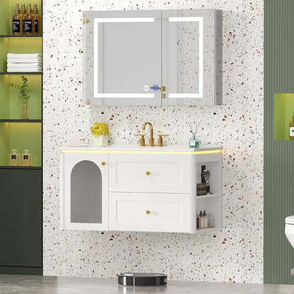 36 inch Floating Bathroom Vanity with Sink, Soft-Close Storage Cabinet and 2 Drawers, Wall-Mounted Modern LED Bathroom Cabinet with Ceramic Integrated Sink, White